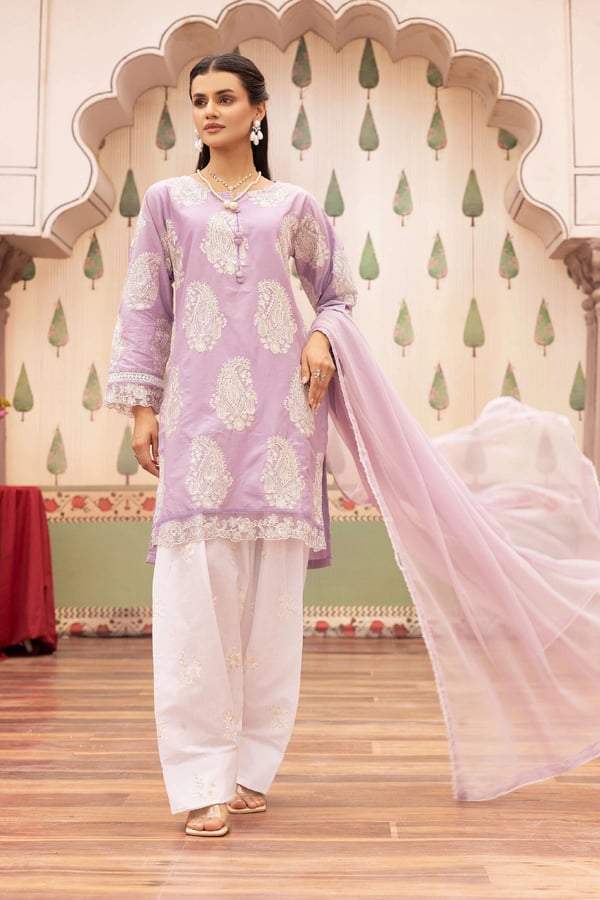 Pastel luxe collection 3 piece embroidered farshi shalwar suit - Lilac, X - Large