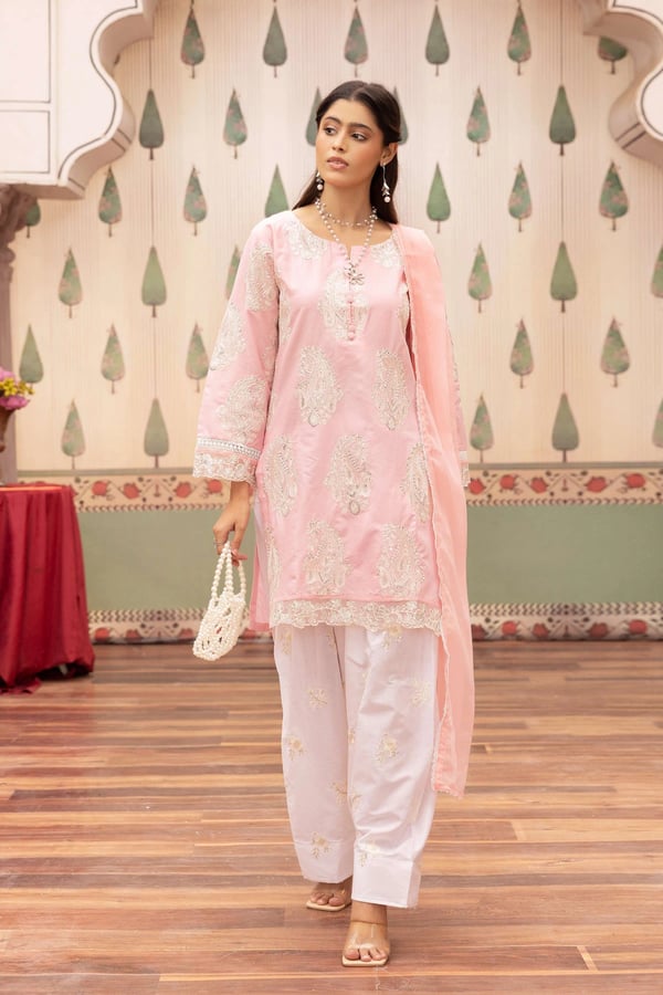Pastel luxe collection 3 piece embroidered farshi shalwar suit - Pink, Large