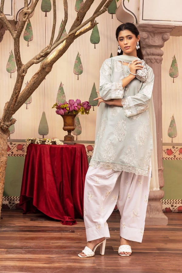 Pastel luxe collection 3 piece embroidered farshi shalwar suit - SGREEN, Large