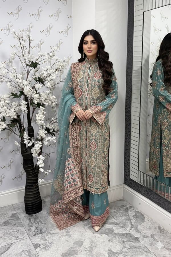 Liara premium collection 3 piece embroidered suit - SGREEN, X - Large