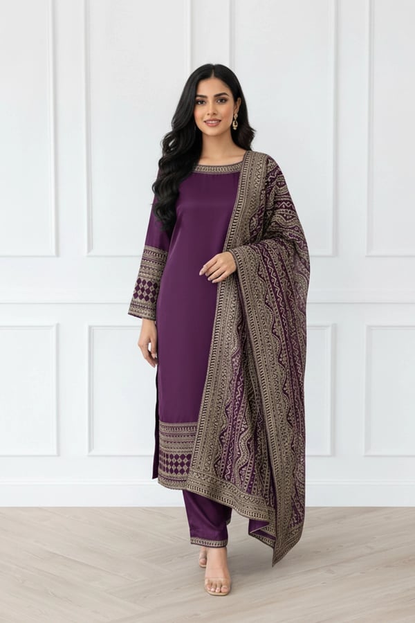 Liara luxe collection 3 piece embroidered suit - Purple, X - Large