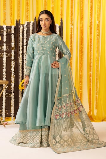 Astel luxe collection 3 piece long dress with plazo - Blue, X - Large