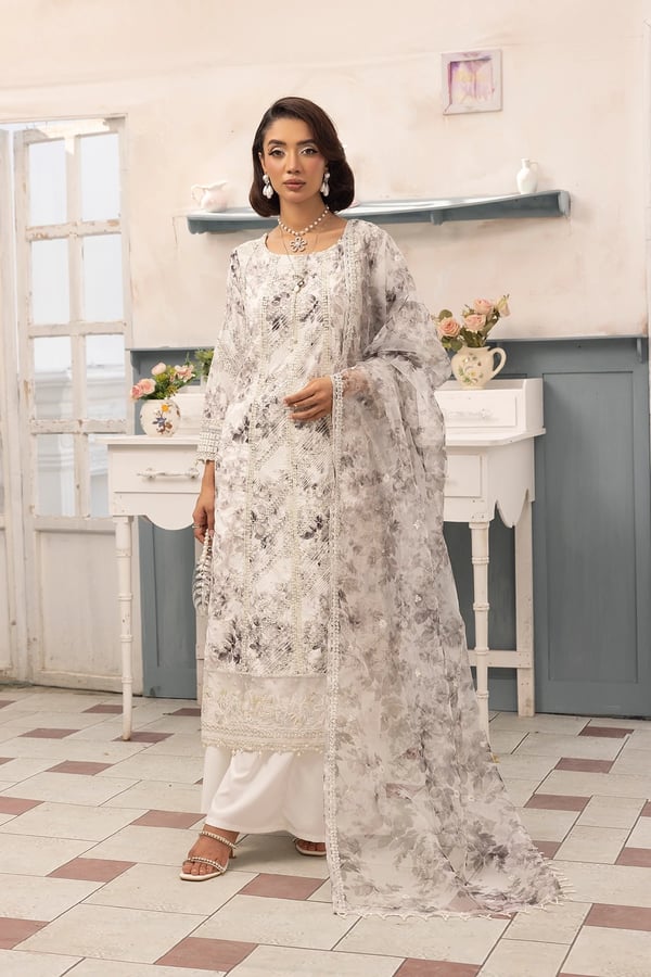 Afia luxe collection 3 piece embroidered suit - Grey, X - Large