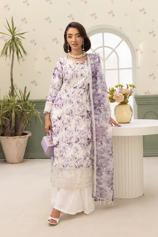Afia luxe collection 3 piece embroidered suit - Lilac, X - Large