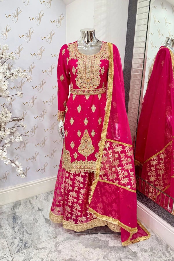 Zavia premium collection 3 piece luxe gharara suit - DKPINK, X - Large