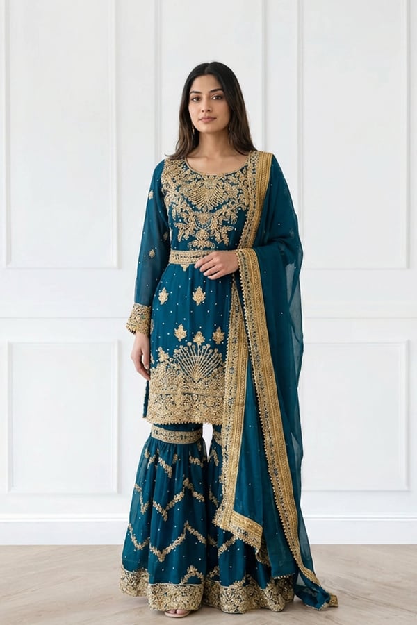 Sila luxe collection 3 piece embroidered gharara suit - Teal, X - Large