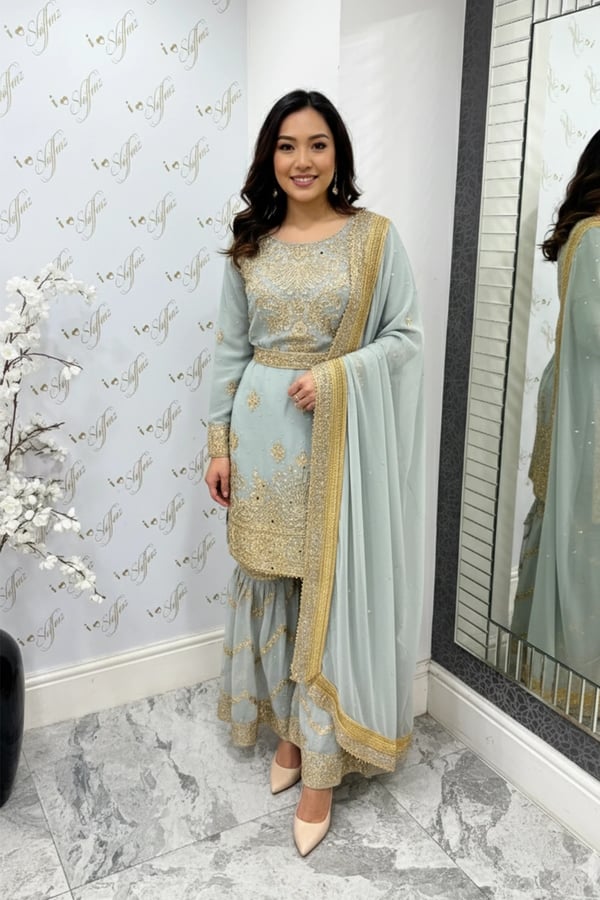 Sila luxe collection 3 piece embroidered gharara suit - Mint, X - Large