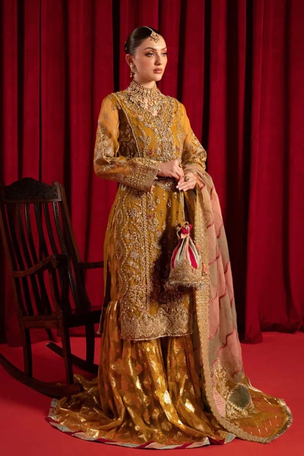 Liara luxe collection 3 piece embroidered gharara suit - MUSTAR, Large
