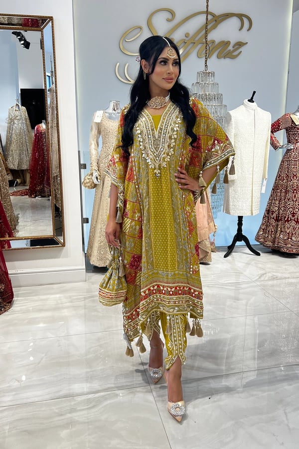 Shiffonz Premium 2 piece printed kaftan with tulip trousers - MUSTAR, FS