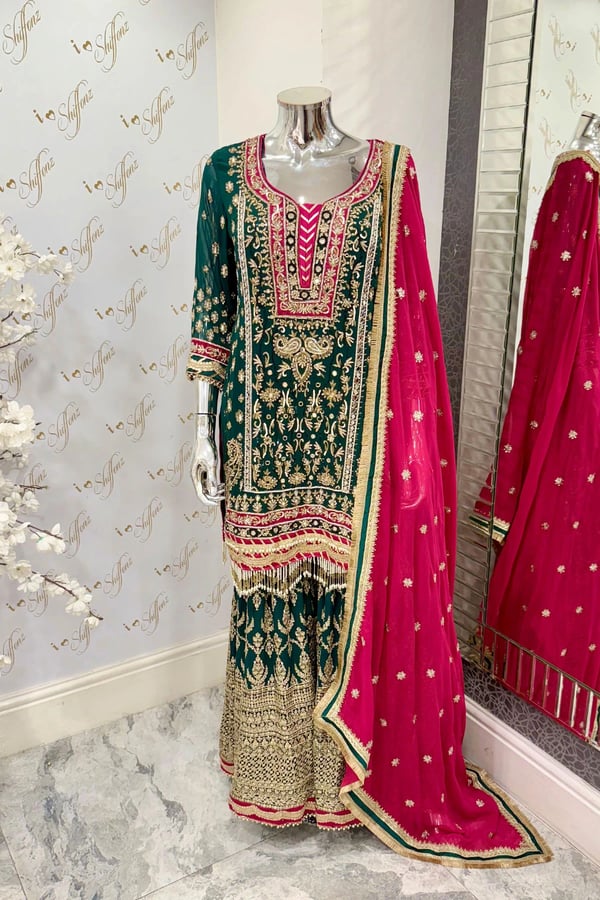 Zavia premium collection 3 piece gharara suit - DGREEN, 36