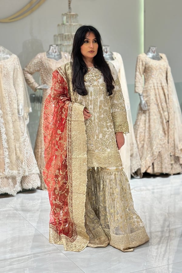 Imrozia luxe collection 3 piece embroidered gharara suit