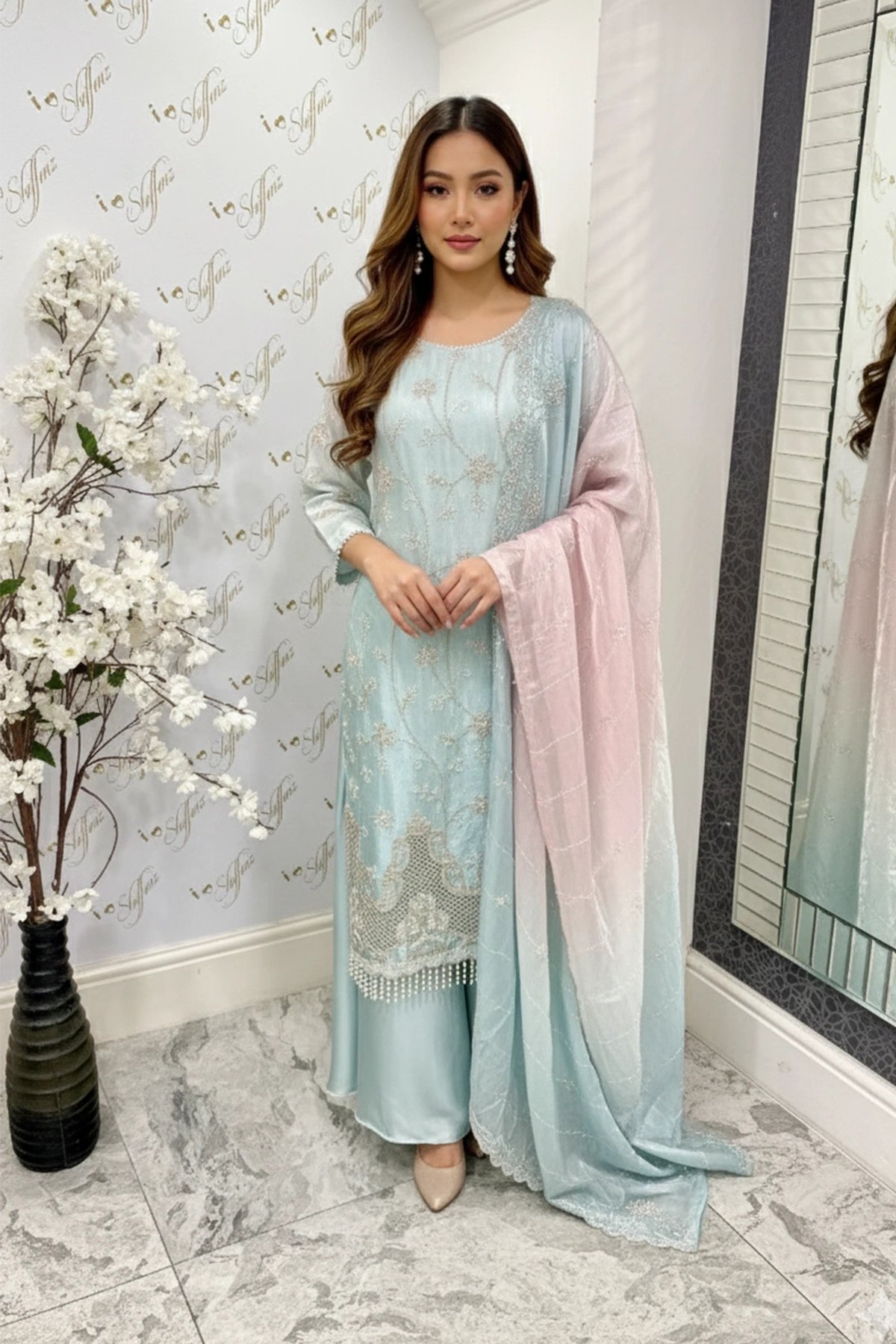 Maya luxe collection 3 piece embroidered plazo suit