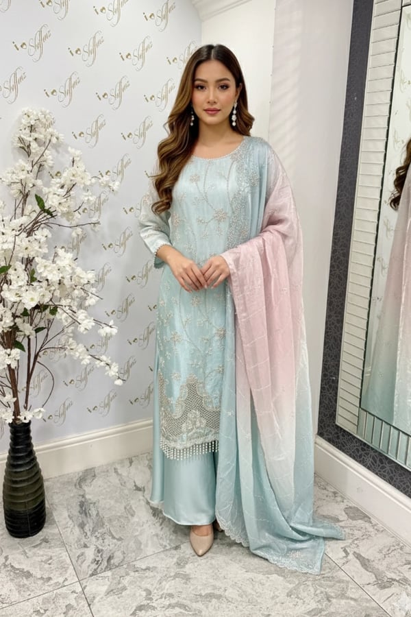 Maya luxe collection 3 piece embroidered plazo suit - Blue, X - Large