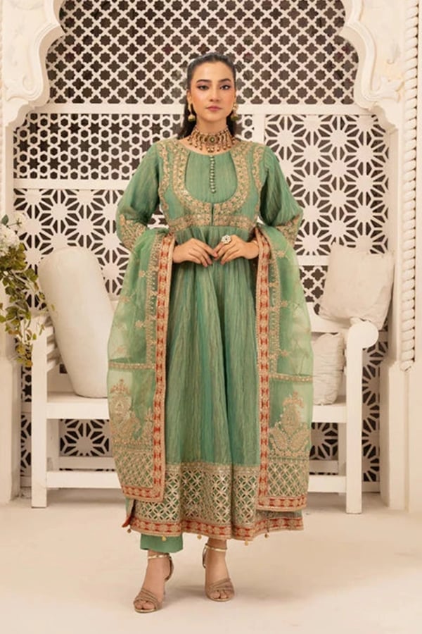 Maria B 3 piece crinkle tissue gown collection - Mint, X - Large