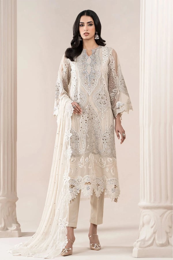 Amrina luxe collection 3 piece embroidered suit - Cream, Large