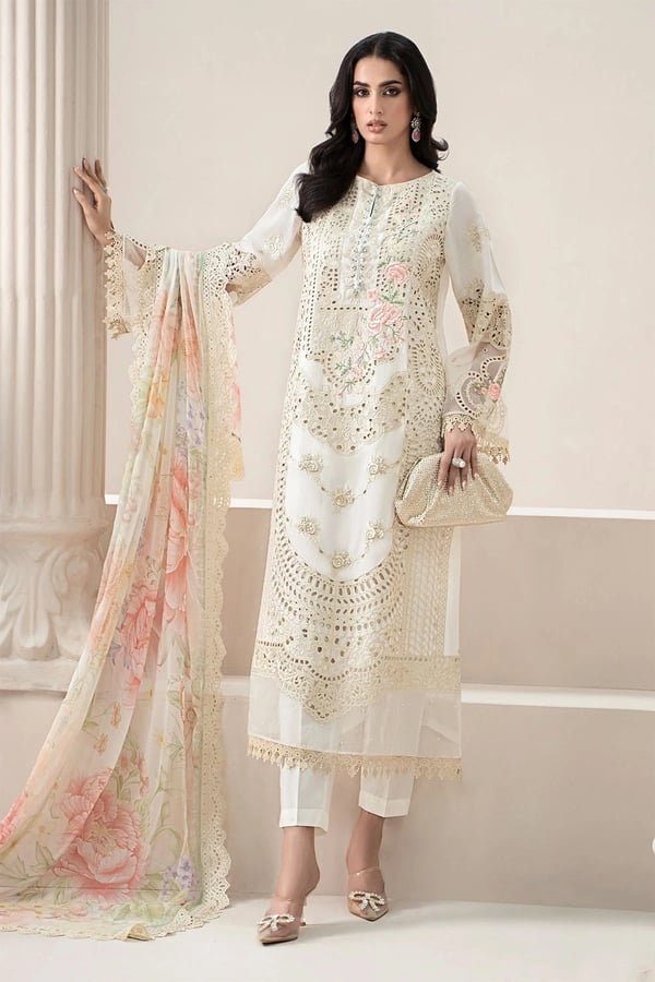 Amrina luxe embroidered collection 3 piece suit - Cream, Large