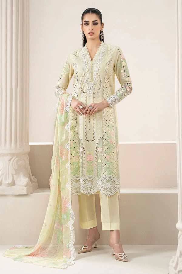 Amrina lux collection 3 piece embroidered suit - Yellow, Large