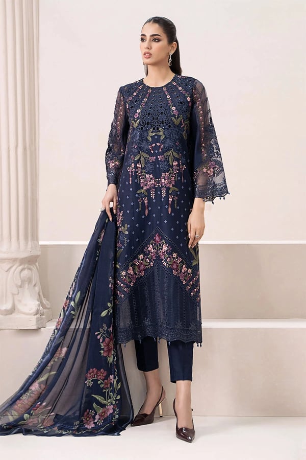 Albela lux embroidered 3 piece collection - Navy, Large