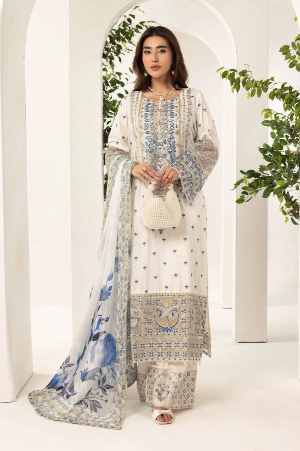 Ivana luxe Mir collection 3 piece embroidered dress - White, Large