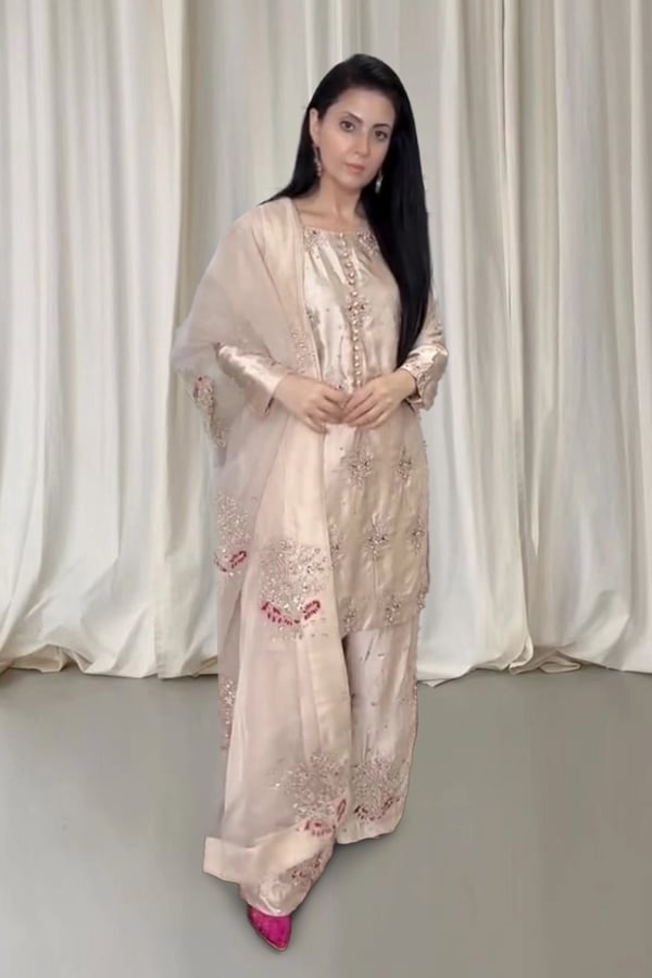 Hussain Rehar embroidered 3 piece silk suit - Beige, X - Large