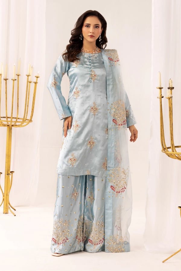 Hussain Rehar embroidered 3 piece silk suit - Blue, X - Large
