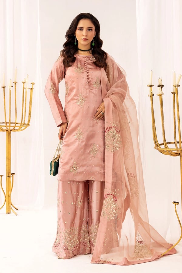 Hussain Rehar embroidered 3 piece silk suit