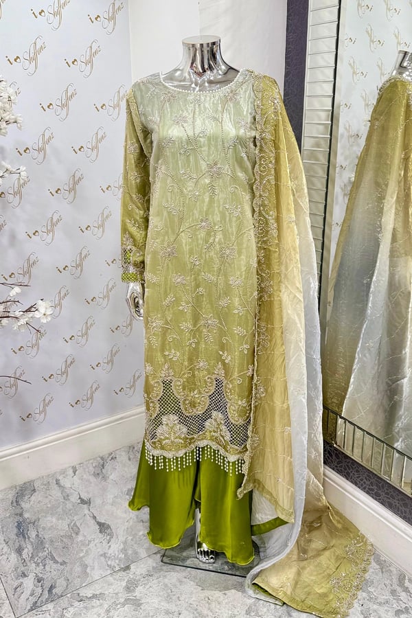 Maya luxe collection 3 piece embroidered plazo suit - MEHNDI, Large