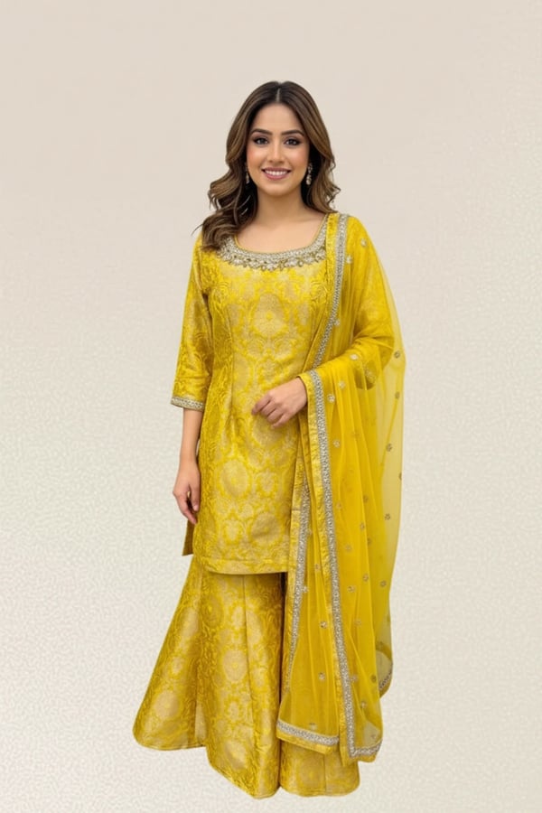 Nayab premium collection 3 piece banarasi sharara suit - Yellow, 36