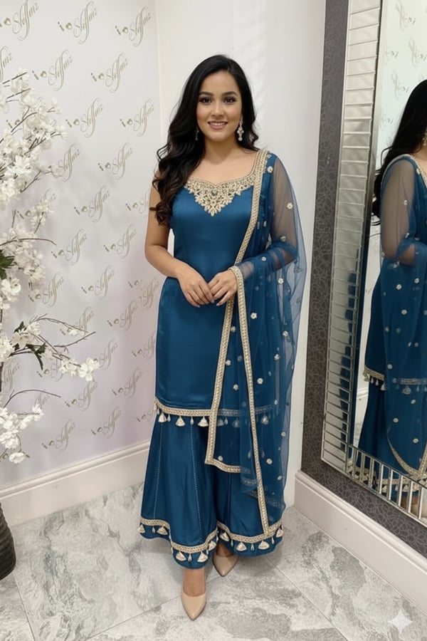 Shiffonz 3 piece handwork embroidered sharara suit - Navy, 44