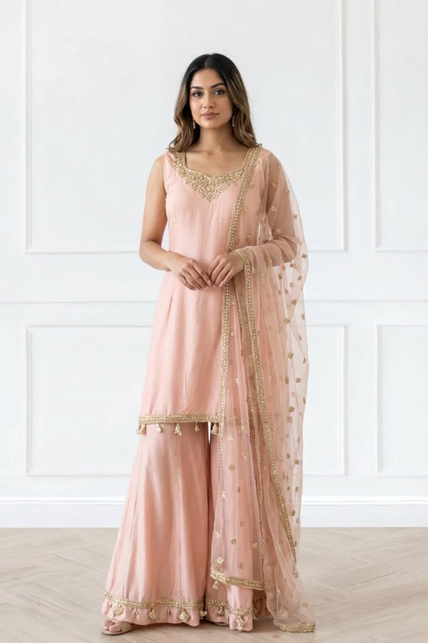 Shiffonz 3 piece handwork embroidered sharara suit - Pink, 46