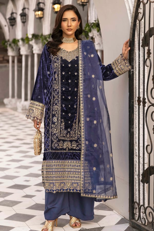 Anmool 3 piece velvet premium collection - Navy, X - Large