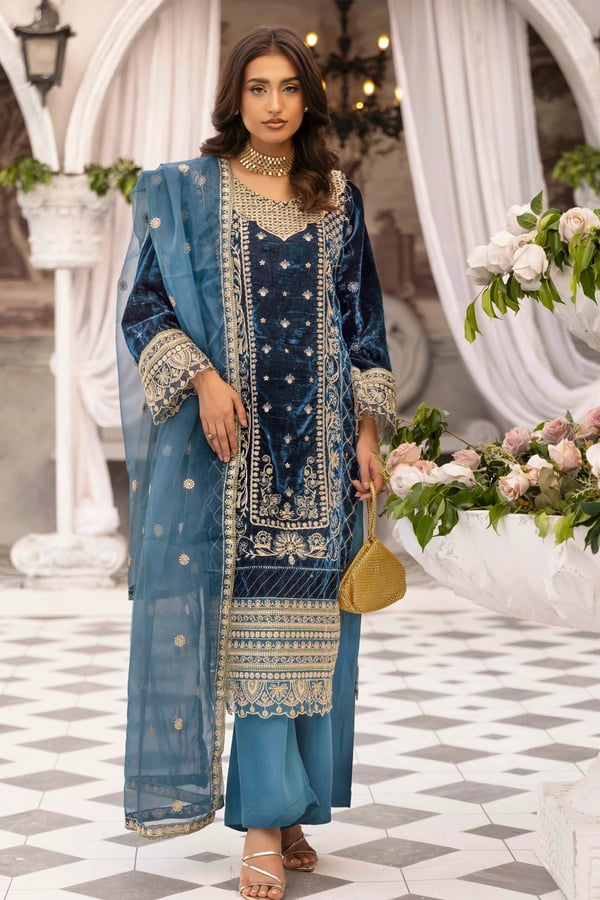 Anmool 3 piece velvet premium collection - Teal, X - Large