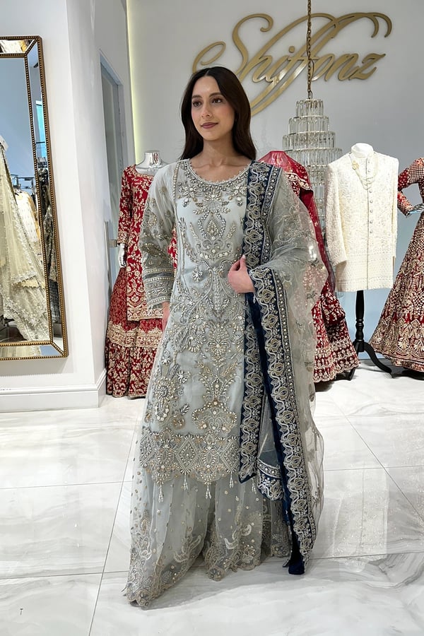 Imrozia 3 piece luxury embroidered sharara suit - Blue, XXL