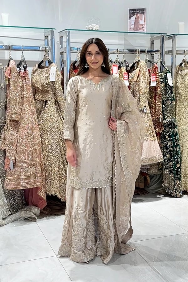 Nayab premium collection 3 piece plazo suit - Beige, X - Large