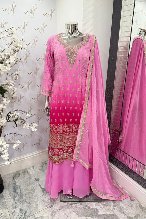 Ariya collection 3 piece sharara embroidered suit - Pink, 40