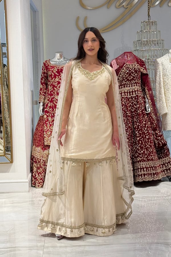 Shiffonz 3 piece handwork embroidered sharara suit - Cream, 34