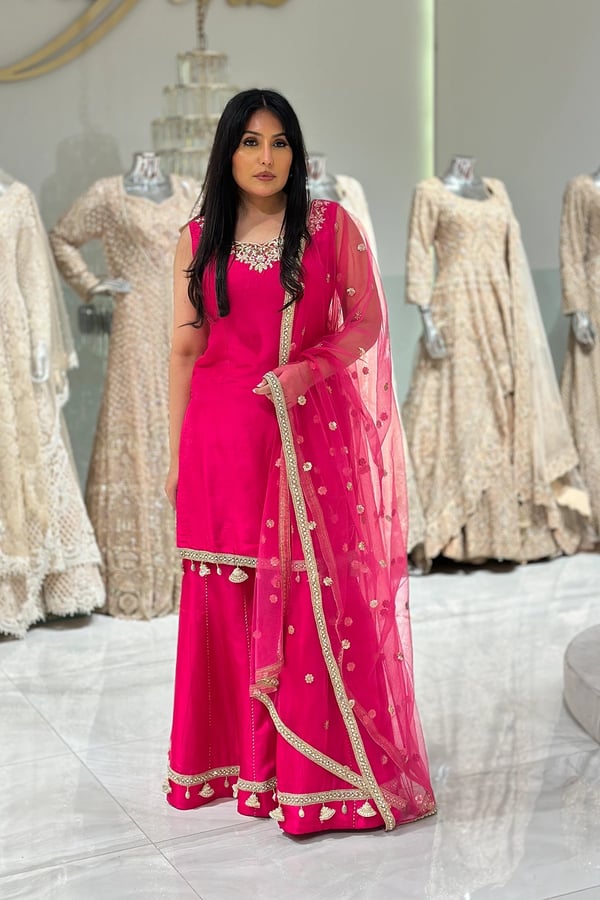 Shiffonz 3 piece handwork embroidered sharara suit - DPINK, 42