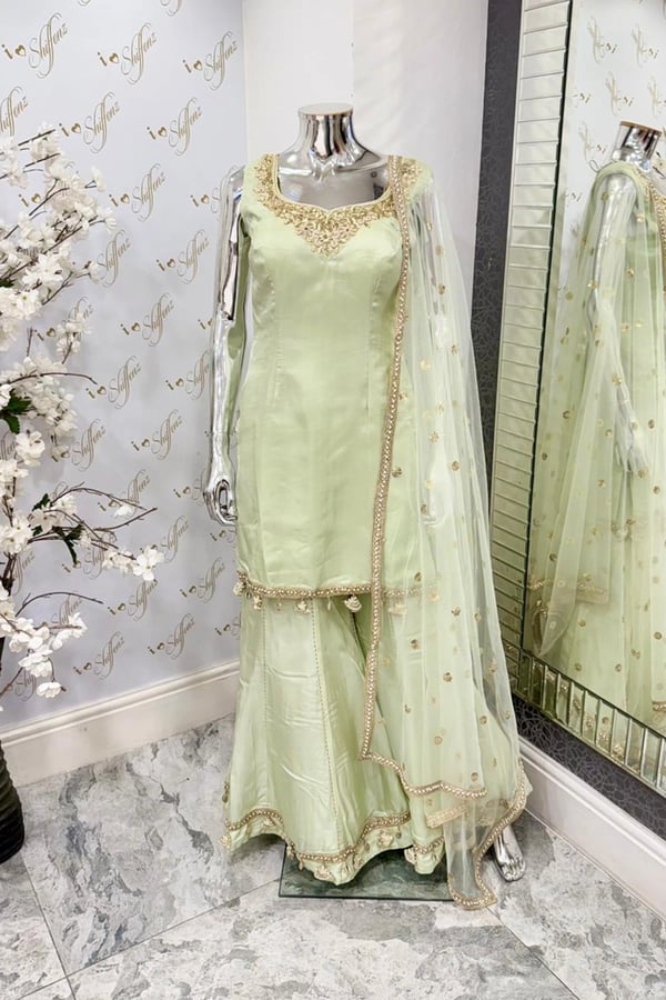 Shiffonz 3 piece handwork embroidered sharara suit - Mint, 36