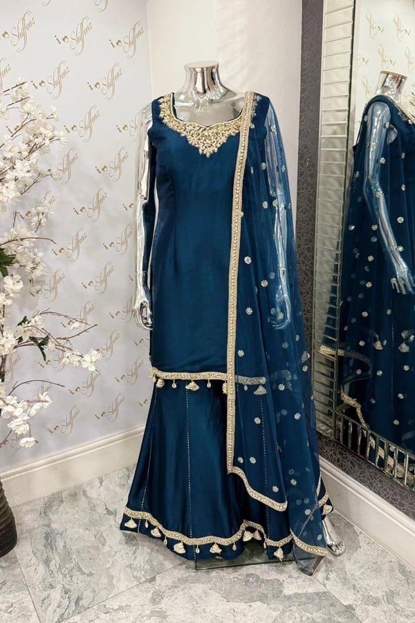Shiffonz 3 piece handwork embroidered sharara suit - Navy, 36