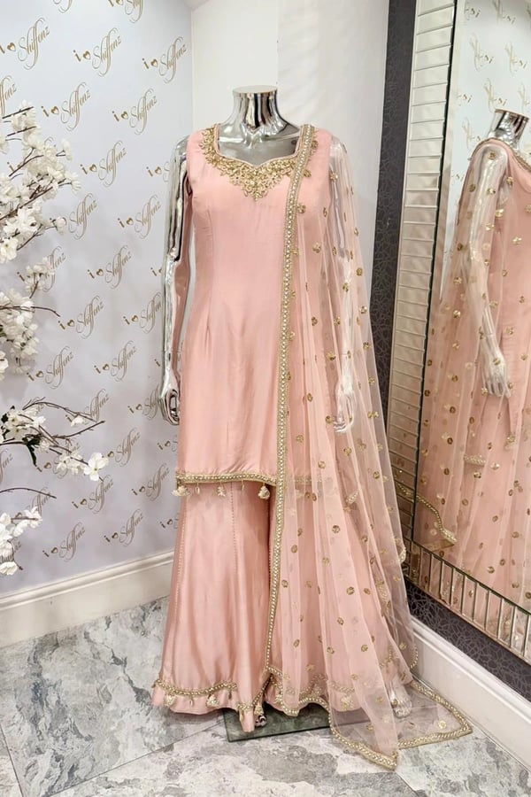 Shiffonz 3 piece handwork embroidered sharara suit - Pink, 46