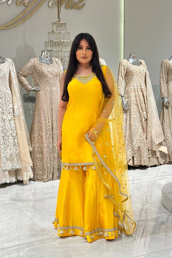 Shiffonz 3 piece handwork embroidered sharara suit - Yellow, 40