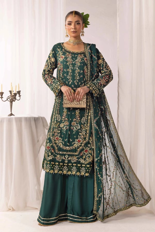 Amrin Premium Collection 3 piece plazo suit - DGREEN, X - Large