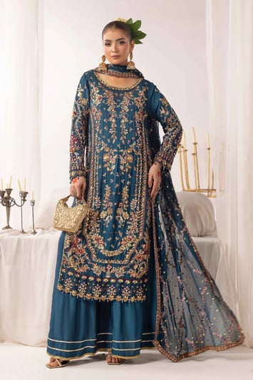 Amrin Premium Collection 3 piece plazo suit - Teal, Small