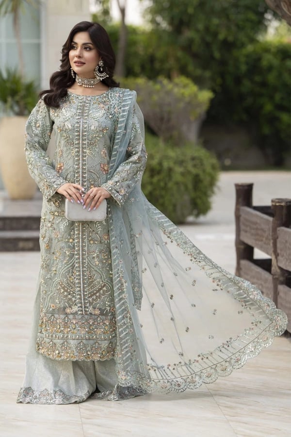 Aafiyat premium collection 3 piece embroidered suit - SGREEN, X - Large