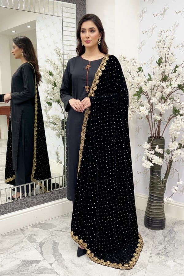 Velvet luxe shawl with heavy border - Black, FREE SIZE