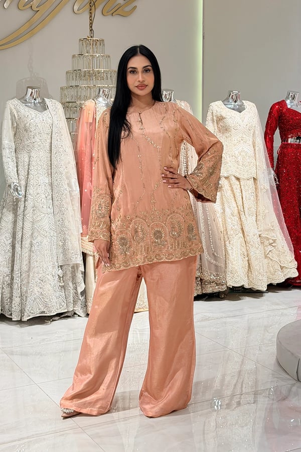 Astel luxe collection 2 piece embroidered set - Peach, X - Large