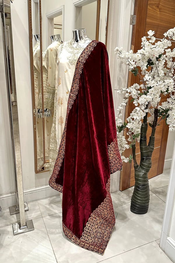 Velvet luxe embroidered shawl - Maroon, FS
