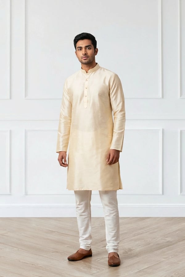 Mens plain kurta with trouser - Cream, 34