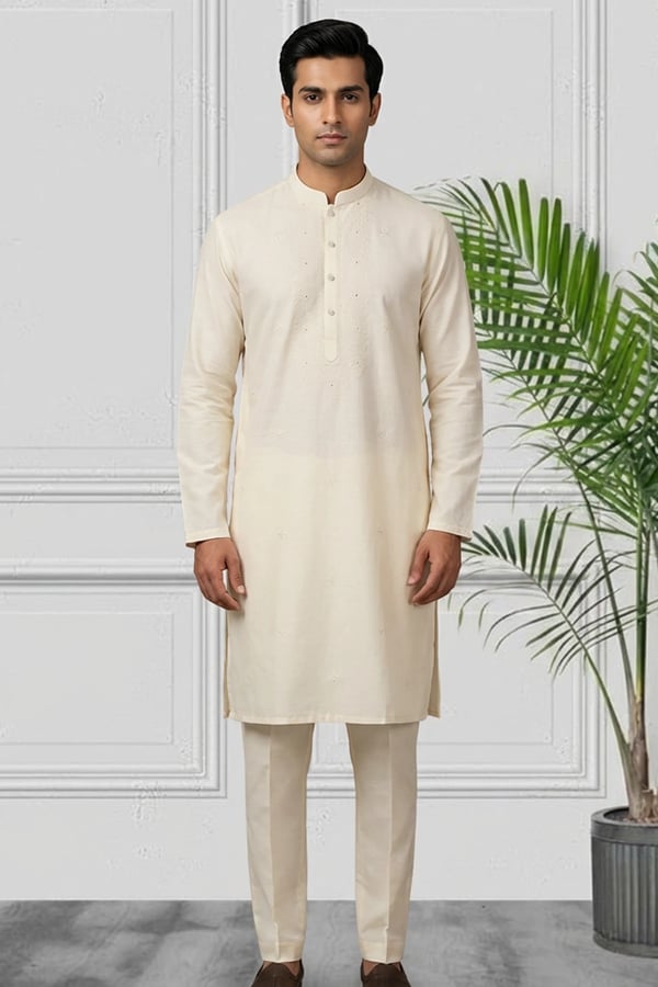 Men's 2 piece embroidered kurta set - Cream, 38