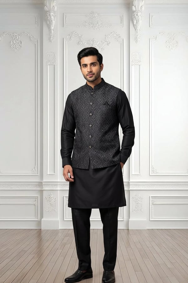 Men's kurta set with waistcoat - Black, 34
